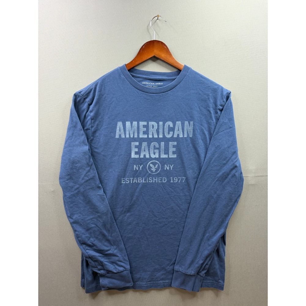 American Eagle Graphic T-Shirt Mens Blue Long Sleeve Super‎ Soft Medium